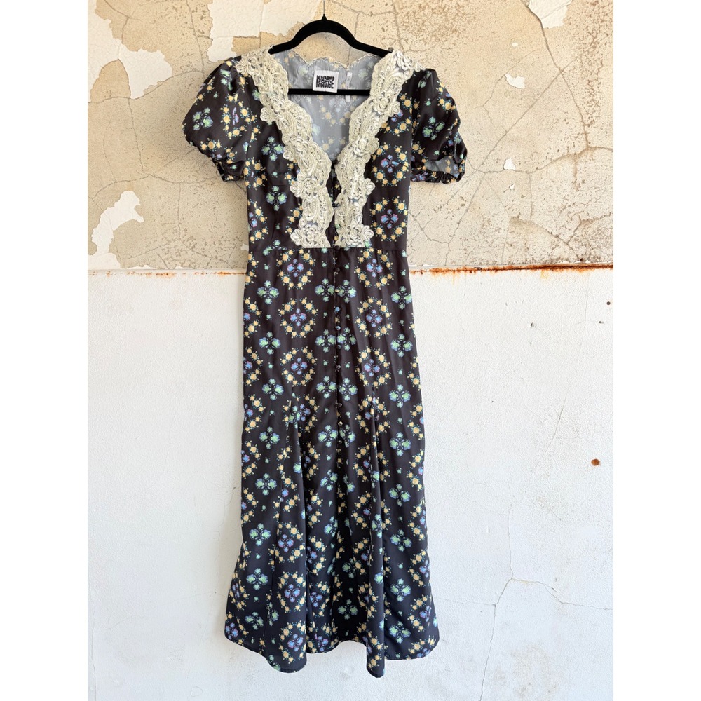 Floral Midi Dress Lace Collar Button Front Tea Dress Womens 6 Reclaimed Vintage